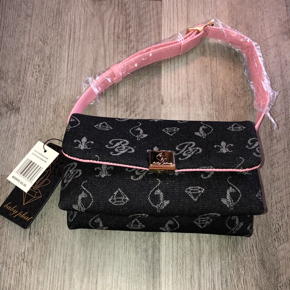 Baby Phat Black Denim & Pink With Monogram Print Flap Shoulder Bag NWT - Picture 4 of 16
